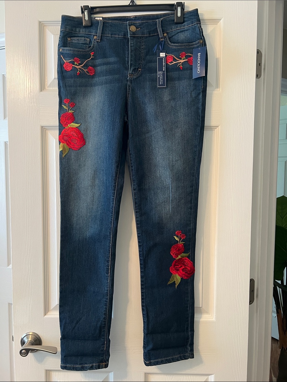 Dark Blue Jeans with Unique Red Rose Embroidery